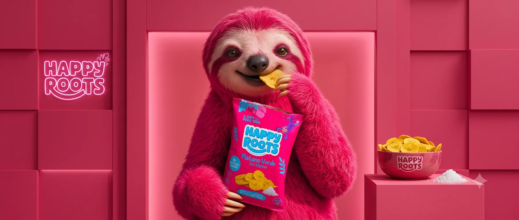 Rooty enjoying Happy Roots chips in a pink room